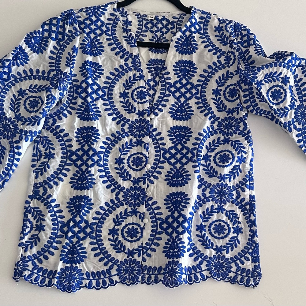 Blue and White Embroidered Women's Top